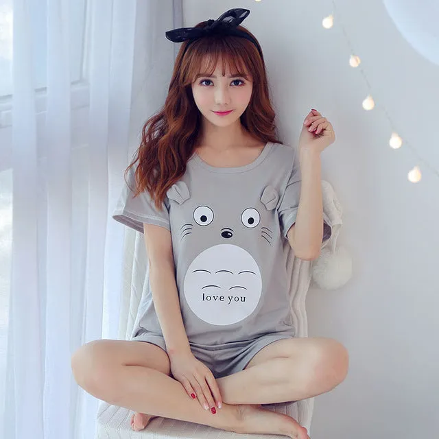 WAVMIT 2019 Summer Women Comfortable Cute Pajama Set Girl Print Pyjama Set Short Sleeve Sleepwear Suit Women Nightshirt Sets