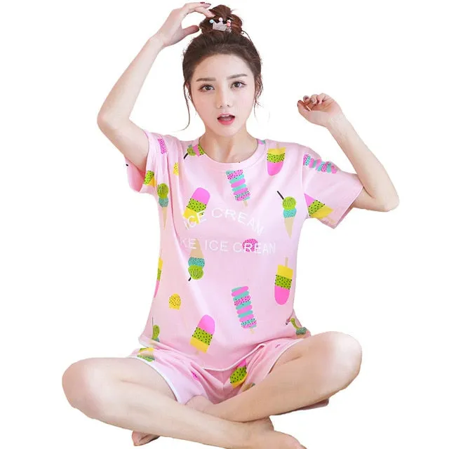 WAVMIT 2019 Summer Women Comfortable Cute Pajama Set Girl Print Pyjama Set Short Sleeve Sleepwear Suit Women Nightshirt Sets