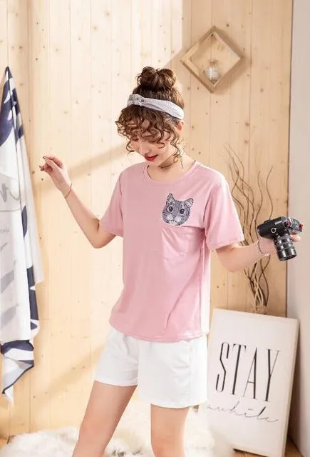 WAVMIT 2019 Summer Women Comfortable Cute Pajama Set Girl Print Pyjama Set Short Sleeve Sleepwear Suit Women Nightshirt Sets