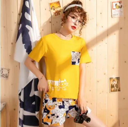 WAVMIT 2019 Summer Women Comfortable Cute Pajama Set Girl Print Pyjama Set Short Sleeve Sleepwear Suit Women Nightshirt Sets