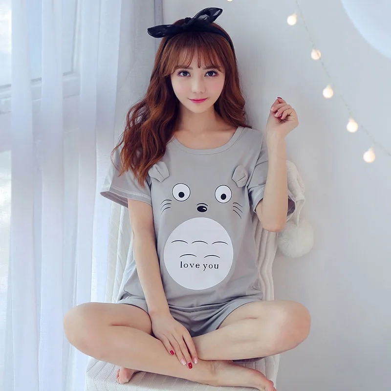 WAVMIT 2019 Summer Women Comfortable Cute Pajama Set Girl Print Pyjama Set Short Sleeve Sleepwear Suit Women Nightshirt Sets