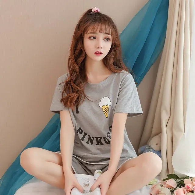 WAVMIT 2019 Summer Women Comfortable Cute Pajama Set Girl Print Pyjama Set Short Sleeve Sleepwear Suit Women Nightshirt Sets