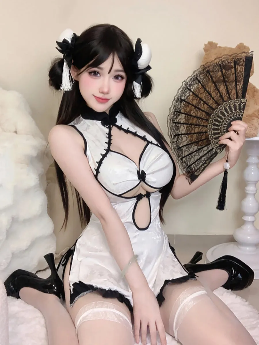 White Jacquard Cheongsam Dress