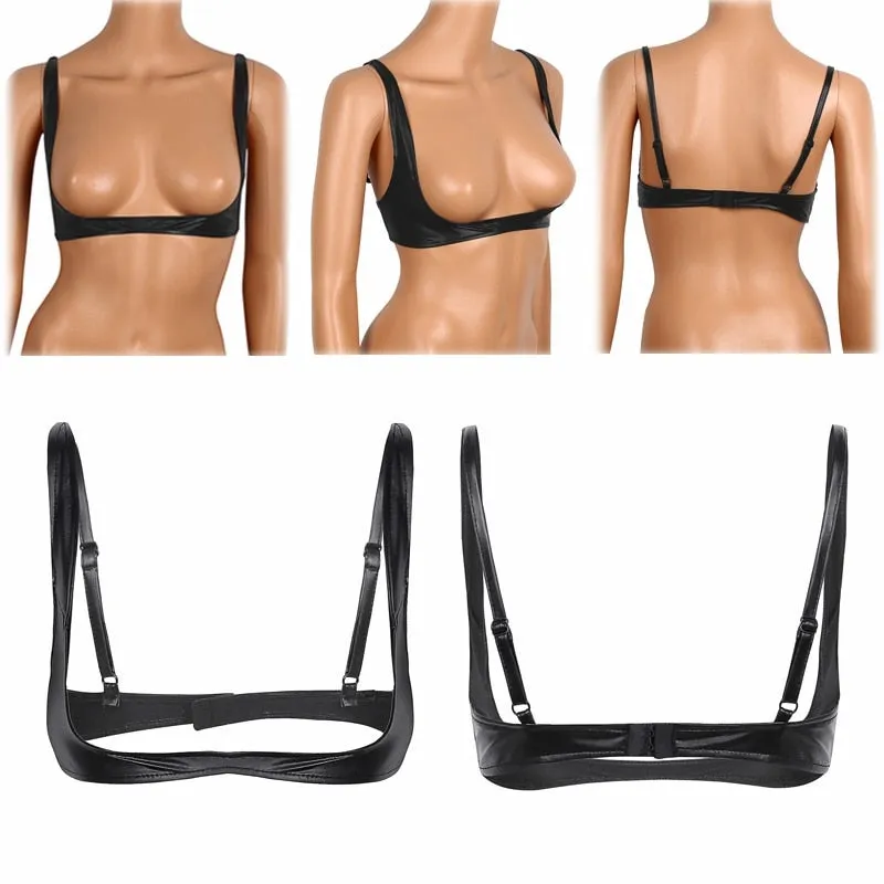 Women Sexy Brs Lingerie Fashion Faux Leather Bra Tops Adjustable Wire-free Open Cup Bra Tops Shelf Bra Exposed Breasts Nipples