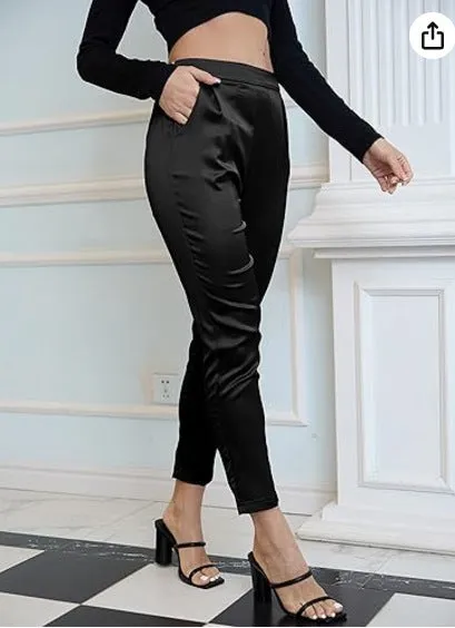 Women's Comfortable Pocket Straight High Waist Acetate Pants
