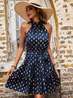 Women's Halterneck Sleeveless Mini Polka Dot Dress