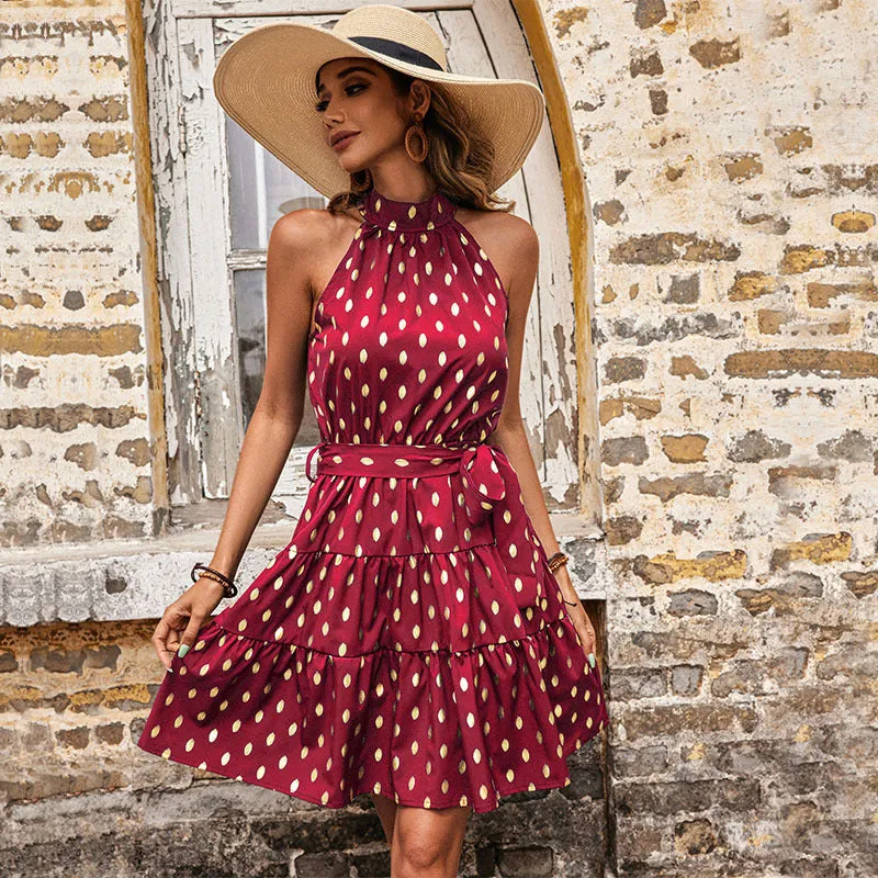 Women's Halterneck Sleeveless Mini Polka Dot Dress