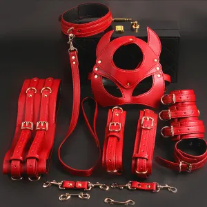 Women's Leather Bondage Set - Red. Black & Pink | Fashionable Restraint Kit with Mask. Cuffs. Collar & Rope