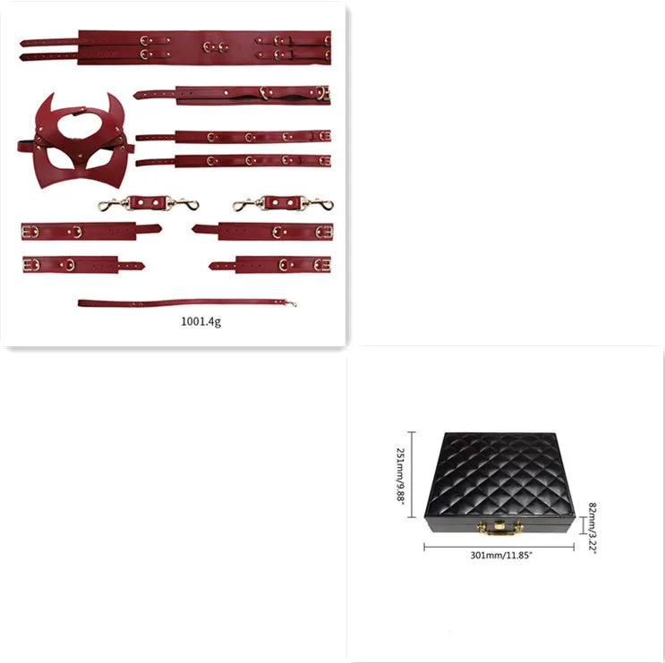Women's Leather Bondage Set - Red. Black & Pink | Fashionable Restraint Kit with Mask. Cuffs. Collar & Rope