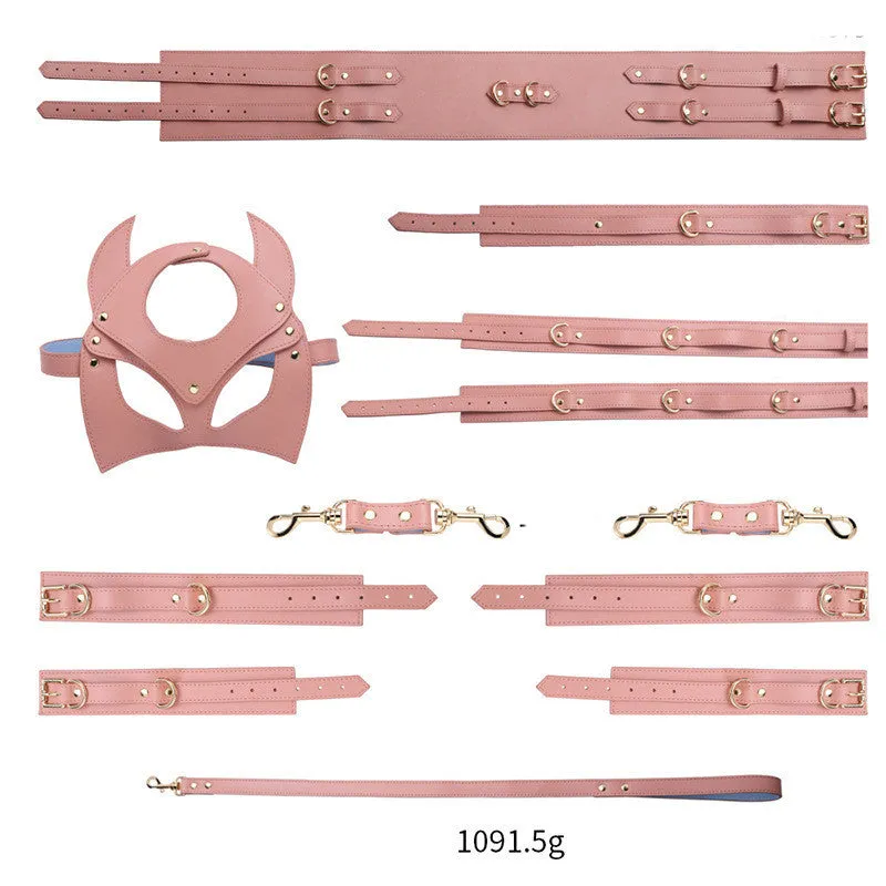 Women's Leather Bondage Set - Red. Black & Pink | Fashionable Restraint Kit with Mask. Cuffs. Collar & Rope