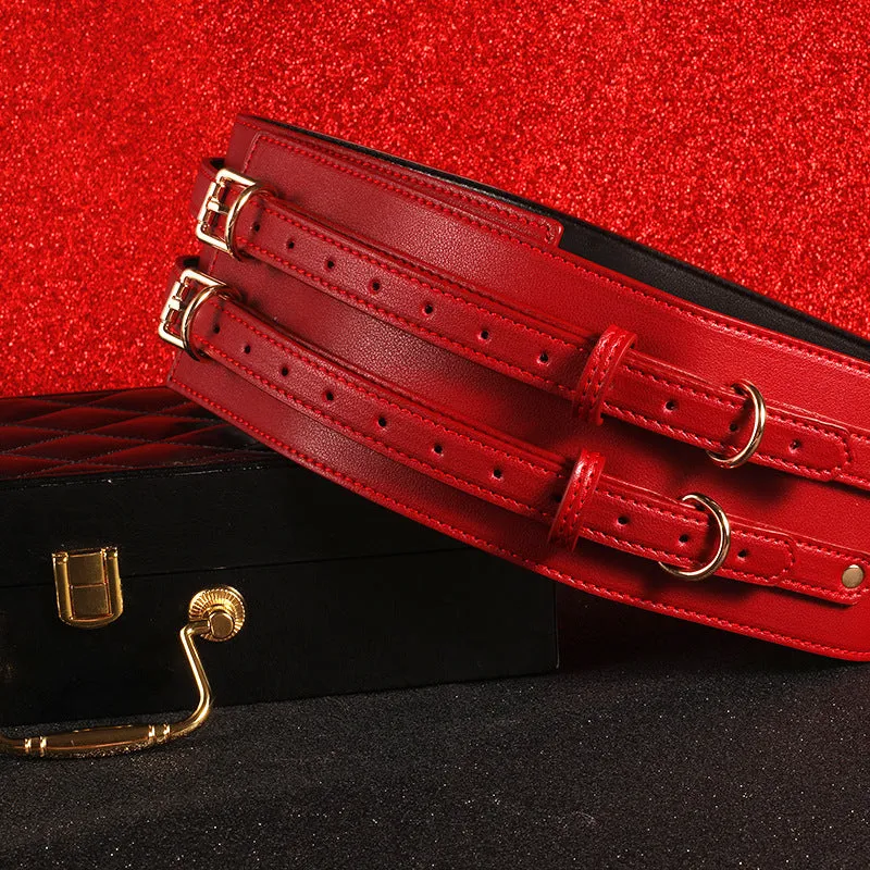 Women's Leather Bondage Set - Red. Black & Pink | Fashionable Restraint Kit with Mask. Cuffs. Collar & Rope