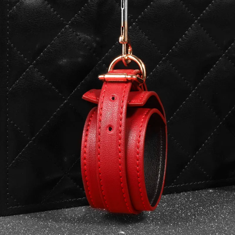 Women's Leather Bondage Set - Red. Black & Pink | Fashionable Restraint Kit with Mask. Cuffs. Collar & Rope