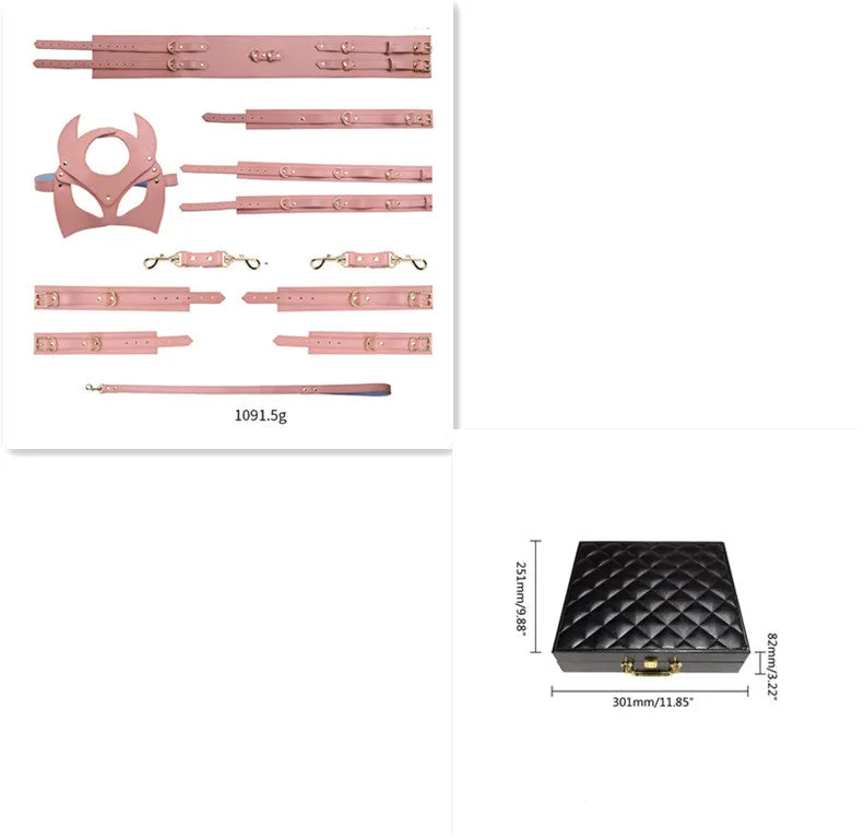 Women's Leather Bondage Set - Red. Black & Pink | Fashionable Restraint Kit with Mask. Cuffs. Collar & Rope