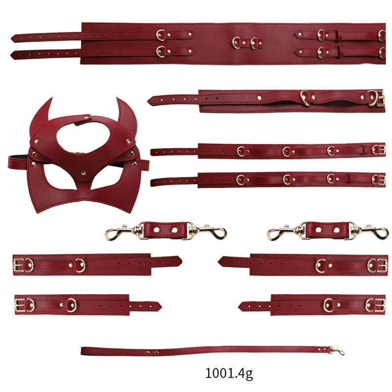 Women's Leather Bondage Set - Red. Black & Pink | Fashionable Restraint Kit with Mask. Cuffs. Collar & Rope