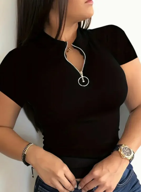 Women's V-Neck Zip-Up Short Sleeve T-Shirt