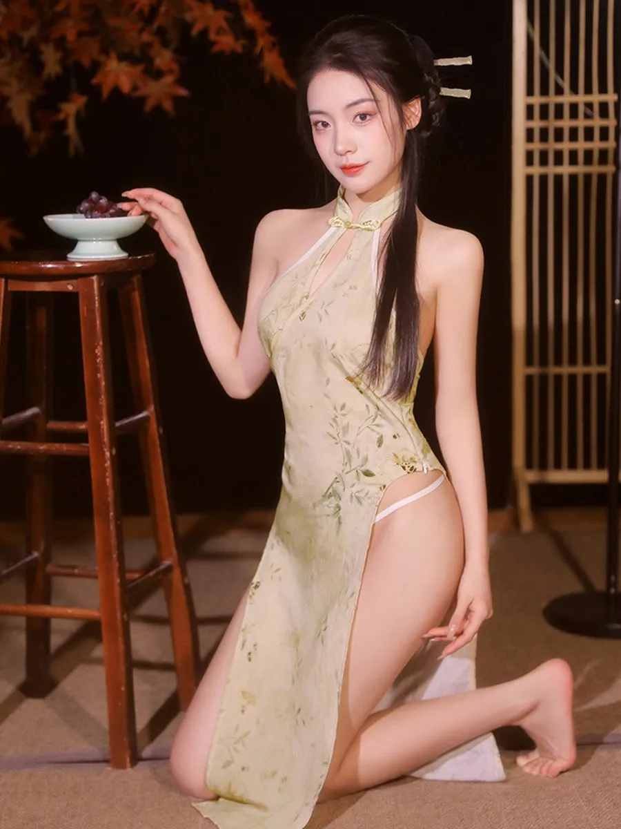Yellow Floral High Slit Cheongsam